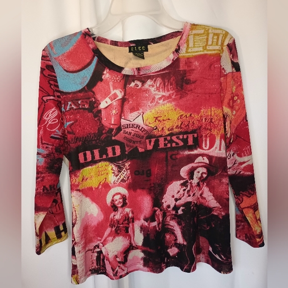 Elcc Tops - ELCC Y2K Western Graphic Mesh Top Womens Medium Red Fitted Edgy Retro
